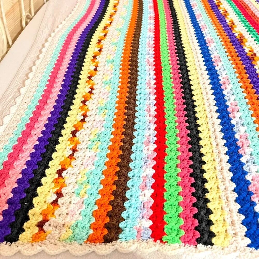 VTG Handmade Afghan Crochet Multicolor Striped 